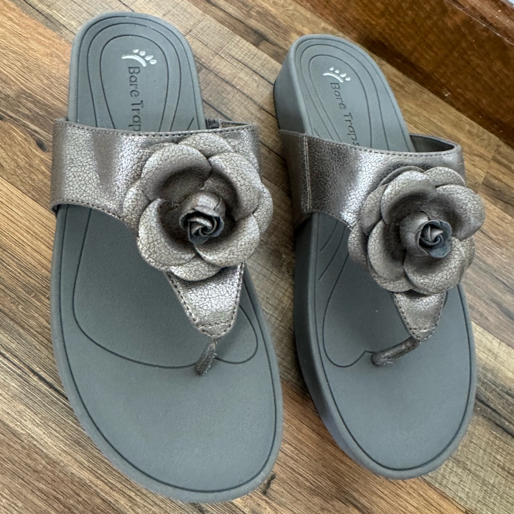 BareTraps Metallic Taupe Flower Thong Sandals with Rose Accent